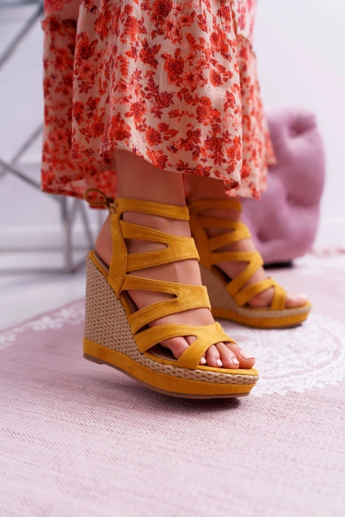 Sandały Damskie Na Koturnie Sznurek Żółte Liluena