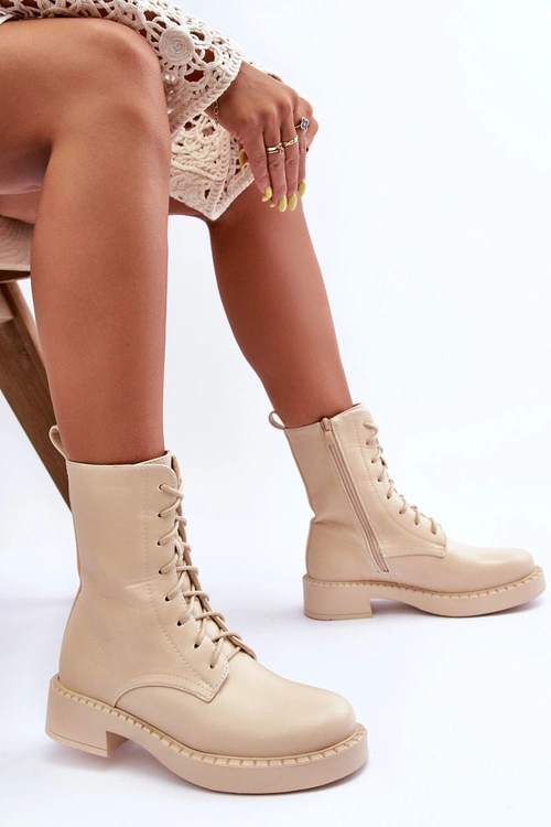 Skórzane Botki Workery Na Płaskim Obcasie Jasnobeżowe Aganne