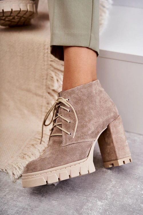 Modne Zamszowe Botki Sznurowane Beżowe Selma