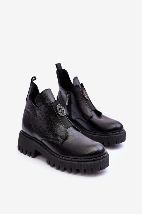 Damskie Skórzane Botki Z Ozdobą Czarne Lemar Lusanna
