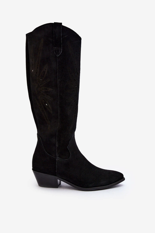 Zazoo 2909 Zamszowe Kozaki Ażurowe Na Niskim Obcasie Czarne