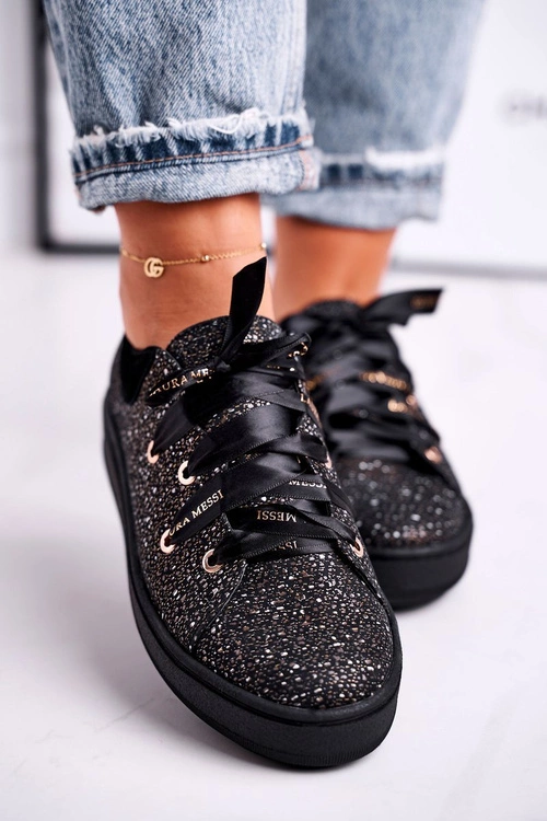 Damskie Trampki Eleganckie Skórzane Laura Messi Czarne 2045