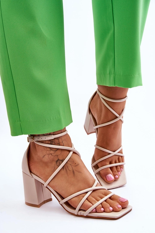 Skórzane Modne Damskie Sandały Na Obcasie Beżowe Primma