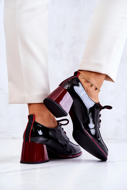 Lakierowane Wiązane Półbuty Na Słupku Czarno-Czerwone Esmera