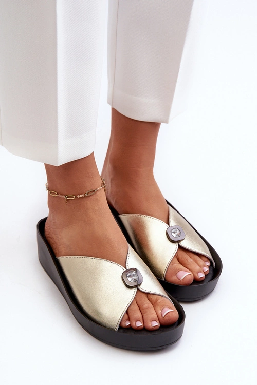 Skórzane Klapki Damskie Z Ozdobą Złote S.Barski KV27-027