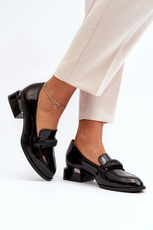 Damskie Półbuty Lakierowane Na Niskim Obcasie Czarne Marilni