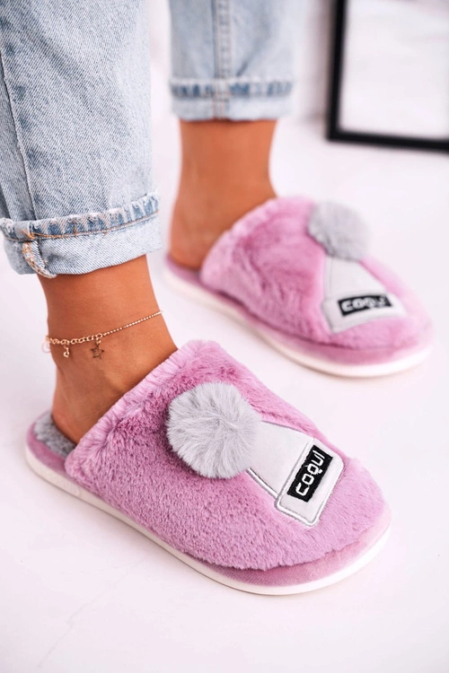 Damskie Futrzane Papcie Z Czapką I Pomponem Fioletowe Keep Warm