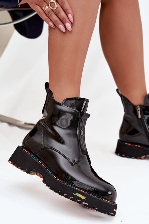 Lakierowane Botki Damskie Z Naturalnej Skóry Ocieplane Artiker 57C0166 Czarne