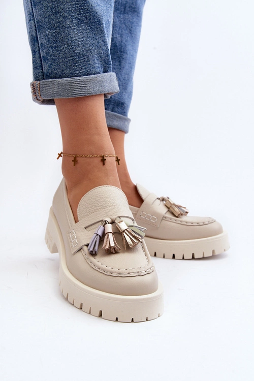 Damskie Skórzane Mokasyny Z Frędzlami CheBello 3096 Beżowe