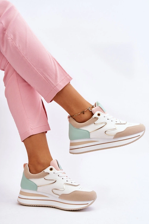 Modne Skórzane Buty Sportowe Biało-Beżowe Roen