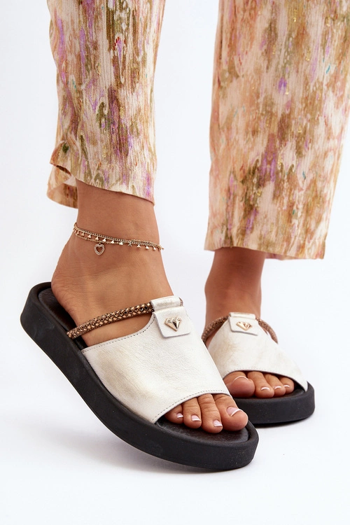 Zazoo 2896 Klapki Damskie Skórzane Biało-Złote