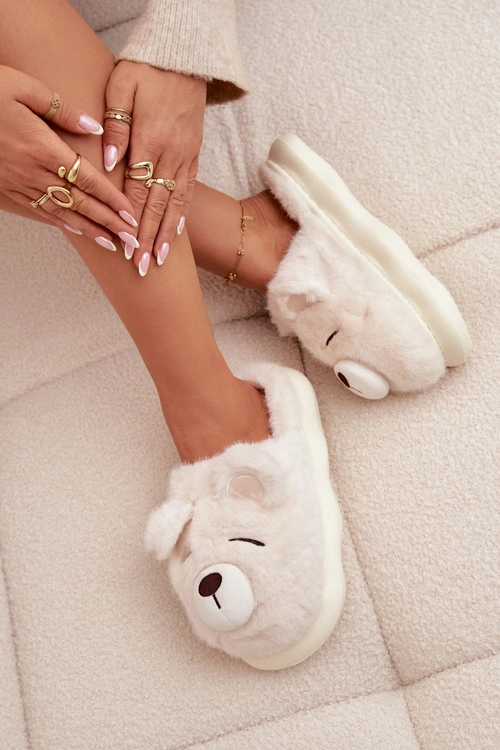 Futrzane Kapcie Z Motywem Misia Białe Galine