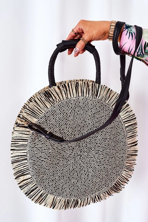 Pleciona Okrągła Torebka Boho BRUNO ROSSI Czarno-Beżowa