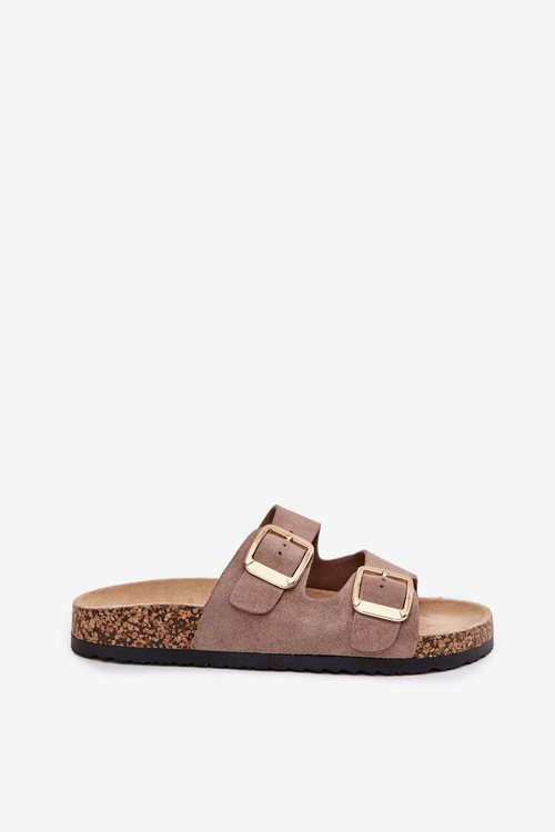 Klapki Damskie Z Eko Zamszu Złote Klamry Ciemnobeżowe Vorella