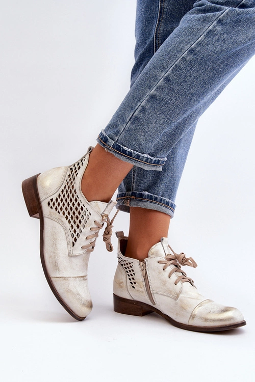 Zazoo 2878 Niskie Ażurowe Botki Skórzane Damskie Srebrne