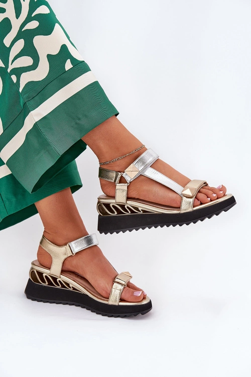 Skórzane Sandały Damskie Na Koturnie D&A CR51-135 Złoto-Srebrne