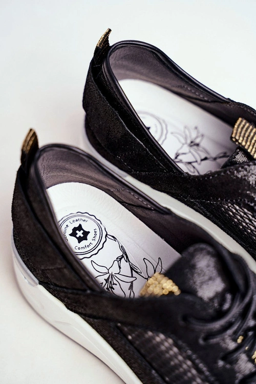 Obuwie Sportowe Damskie Skórzane Czarne Love Me