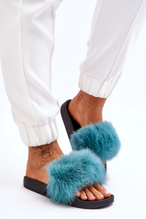 Damskie Gumowe Klapki Z Futerkiem Turkusowe Lucrece