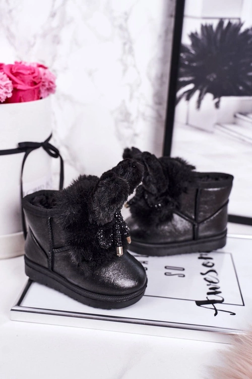 Dziecięce Śniegowce Ocieplane Futerkiem Z Uszami Czarne Bunny