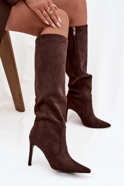 Ocieplane Kozaki Damskie Na Szpilce Z Eko Zamszu Czekoladowe Rosavine