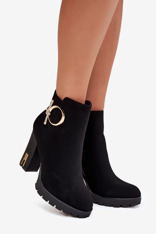 Botki Damskie Ocieplane Na Słupku Ze Złotą Ozdobą Czarne Ysolde