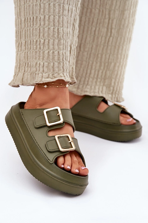 Klapki Damskie Na Platformie Ze Złotymi Klamrami Zielone Zorila