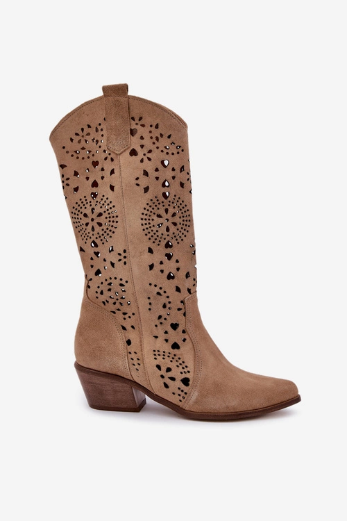 Zazoo 3396 Zamszowe Ażurowe Kozaki Do Połowy Łydki Beżowe