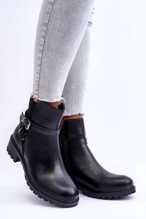 Skórzane Botki Damskie Z Paskami Czarne Minks