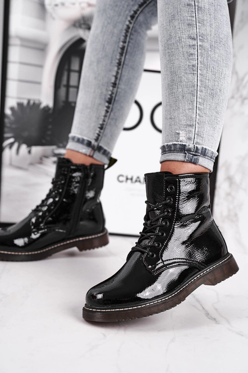 Botki Damskie Lakierowane Trapery Glany Czarne Marita