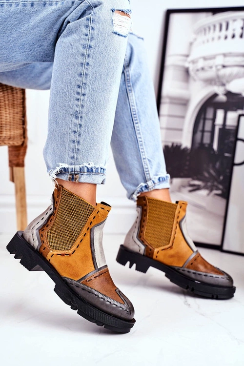 Botki Damskie Skórzane Sztyblety Maciejka Żółte 04634