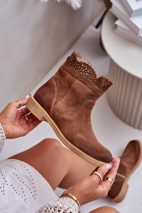 Niskie Botki Damskie Na Płaskim Obcasie Zamszowe Lewski 3624 Brązowe