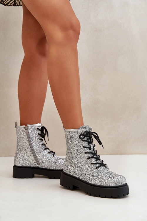 Ocieplane Botki Workery Damskie Ozdobione Cekinami Srebrne Liatheine
