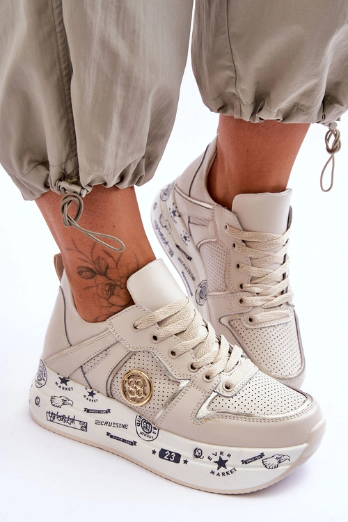 Damskie Skórzane Sneakersy Na Masywnej Platformie Beżowe Asturia