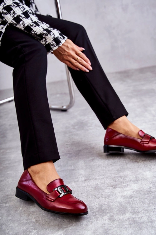 Modne Skórzane Półbuty Loafery Bordowe Trine