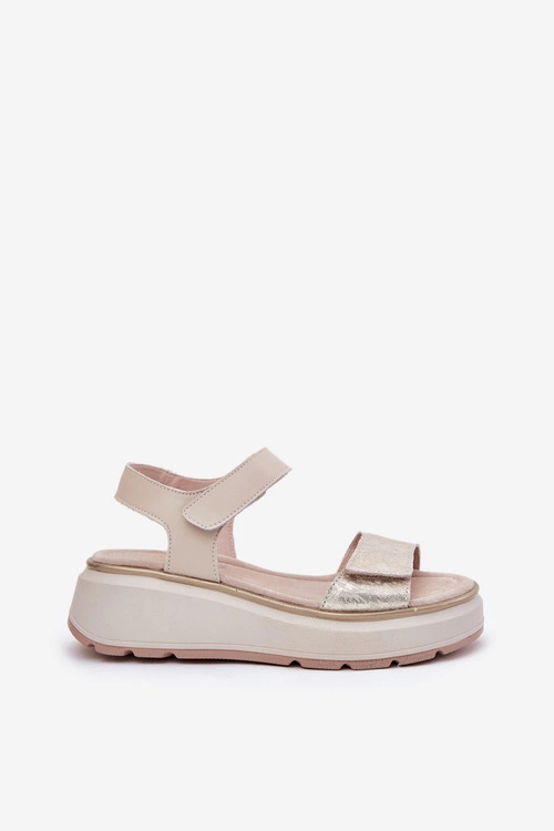 Skórzane Sandały Damskie Platformie I Koturnie Na Rzep S.Barski LR51-543 Złote