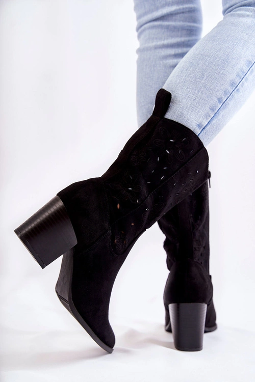 Damskie Zamszowe Botki Kowbojki W Kwiaty Czarne Ariane