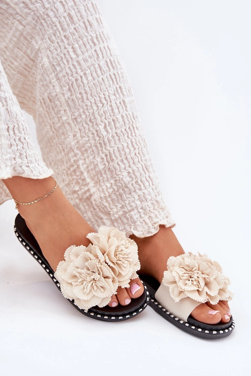 Klapki Damskie Z Materiałowymi Kwiatami Beżowe Elachase