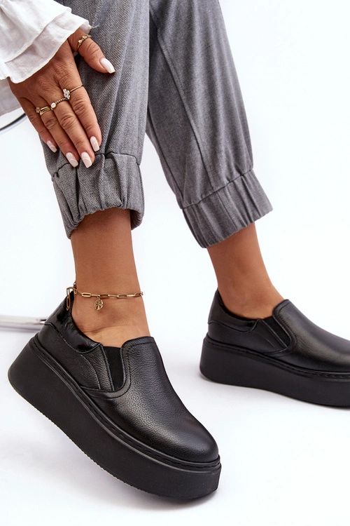 Skórzane Buty Sportowe Damskie na Platformie Czarne Lemar Manish