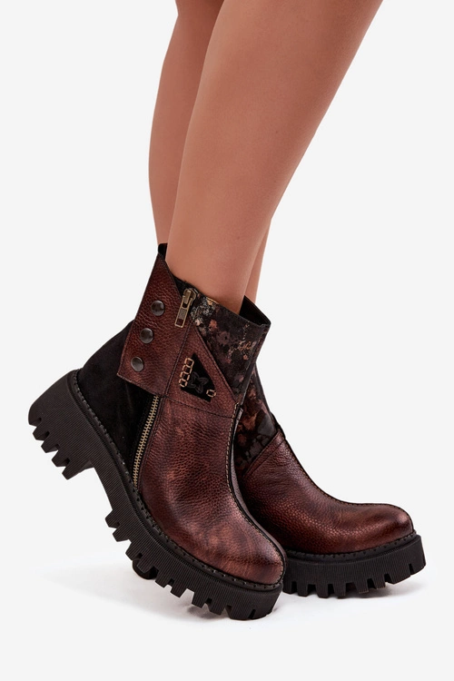 Skórzane Ocieplane Botki Na Platformie I Płaskim Obcasie Maciejka 06140-02 Brązowe