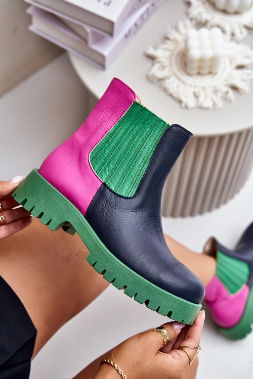 Wsuwane Botki Damskie Na Płaskim Obcasie Skórzane Lewski 3611 Multikolor