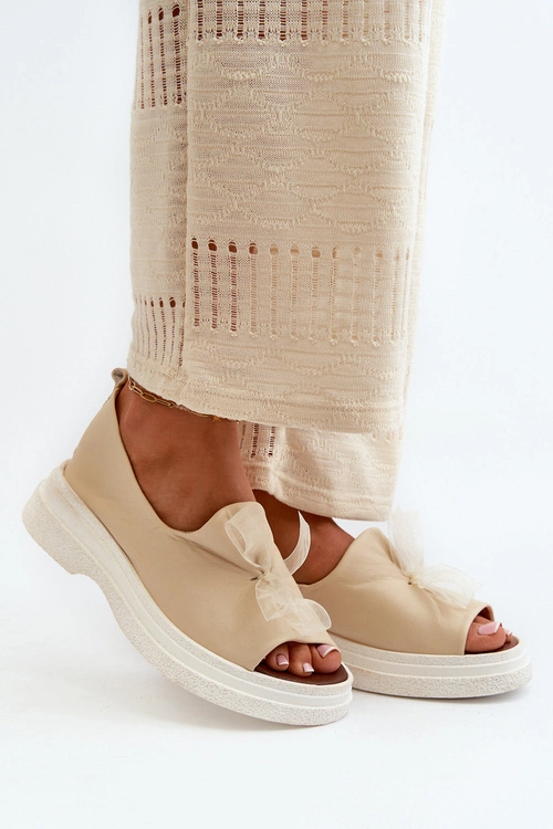 Zazoo 2939 Skórzane Sandały Damskie Z Kokardką Jasnobeżowe