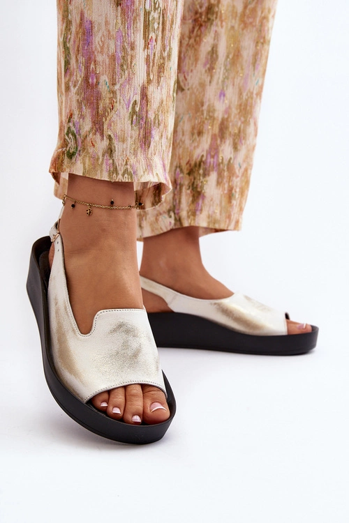 Zazoo 2893 Sandały Damskie Skórzane na Grubej Podeszwie Złoty Przecierany