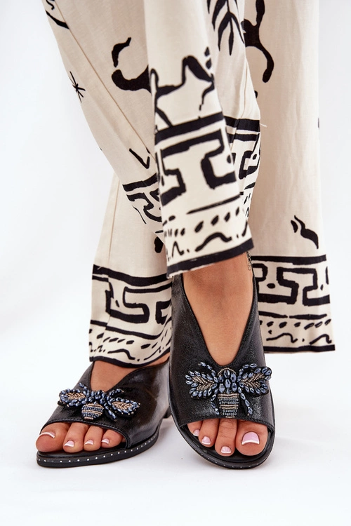 Połyskujące Sandały Damskie Z Ozdobą Płaskie Czarne Russona