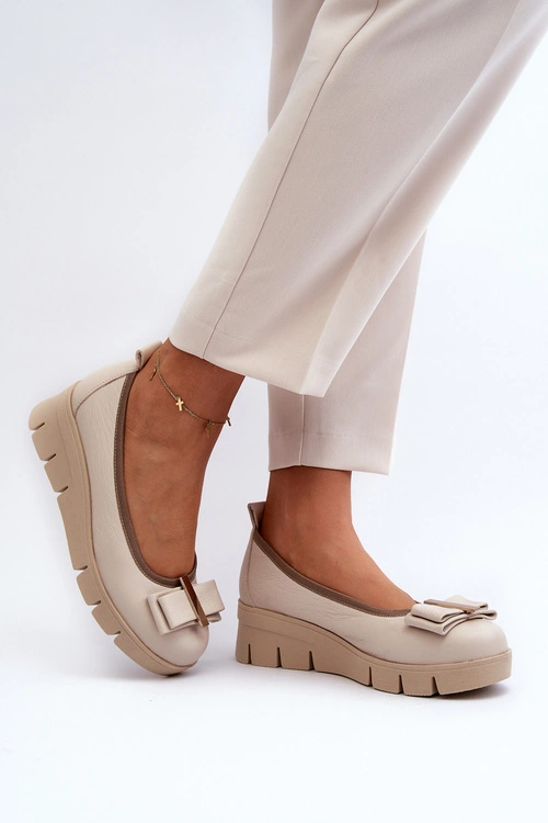 Baleriny Skórzane Na Platformie Z Ozdobą Kremowe Lewski 3384