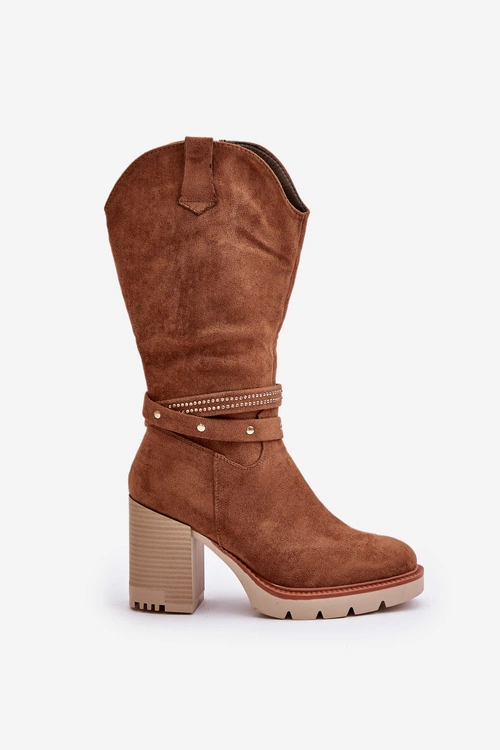 Kozaki Damskie Do Połowy Łydki Na Słupku Ocieplane Camel Ivanelis