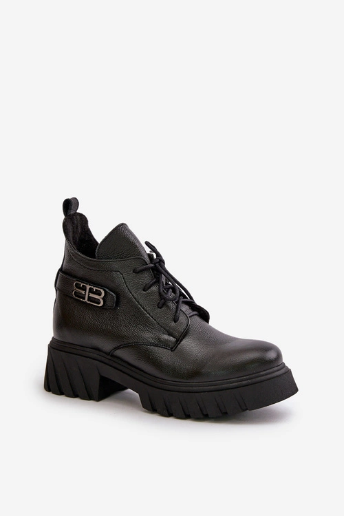 Zazoo 60483 Damskie Skórzane Botki Z Niską Cholewką Ocieplane Czarne