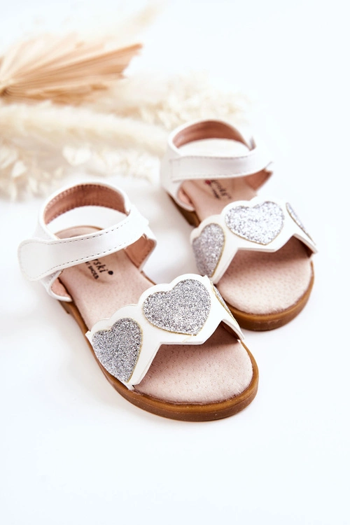 Dziecięce Skórzane Sandały Brokatowe Serduszka Białe Luisa