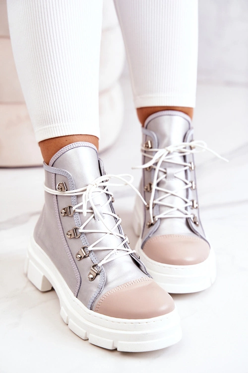 Botki Trapery Skórzane Srebrne Letty