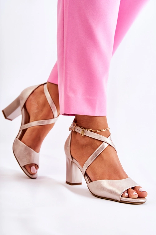 Skórzane Sandały Na Słupku Złote Damess