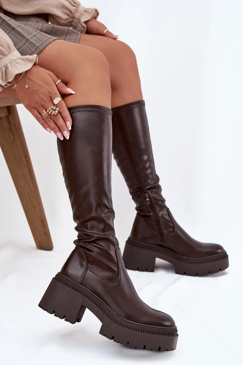 Kozaki Damskie Na Masywnym Obcasie I Platformie Wsuwane Brązowe Florinne